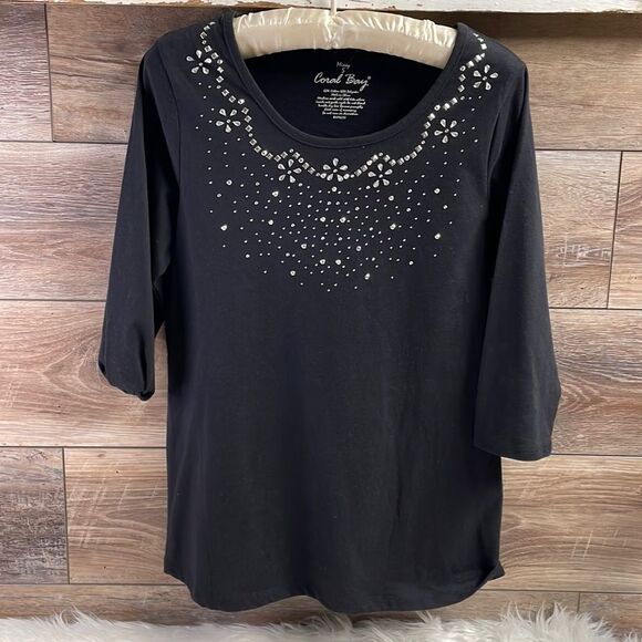CORAL BAY Ladies Vneck Rhinestone Embellishment Blouse Top, Missy Small, Black - Picture 2 of 6